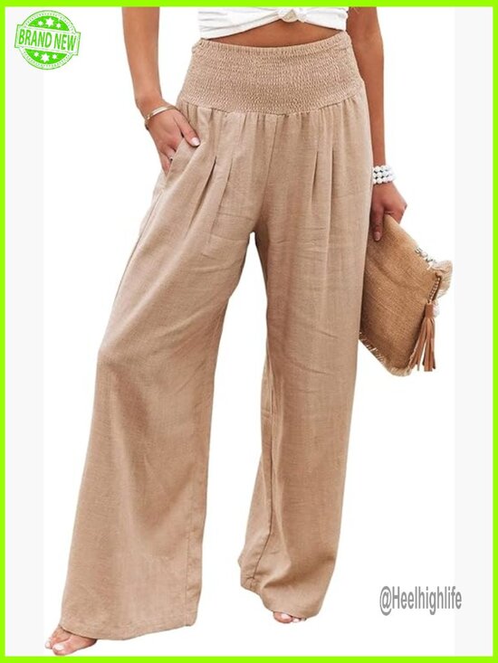 Pants - High Waisted Cotton Linen Palazzo Pants Wide Leg Lounge Trousers with Pockets